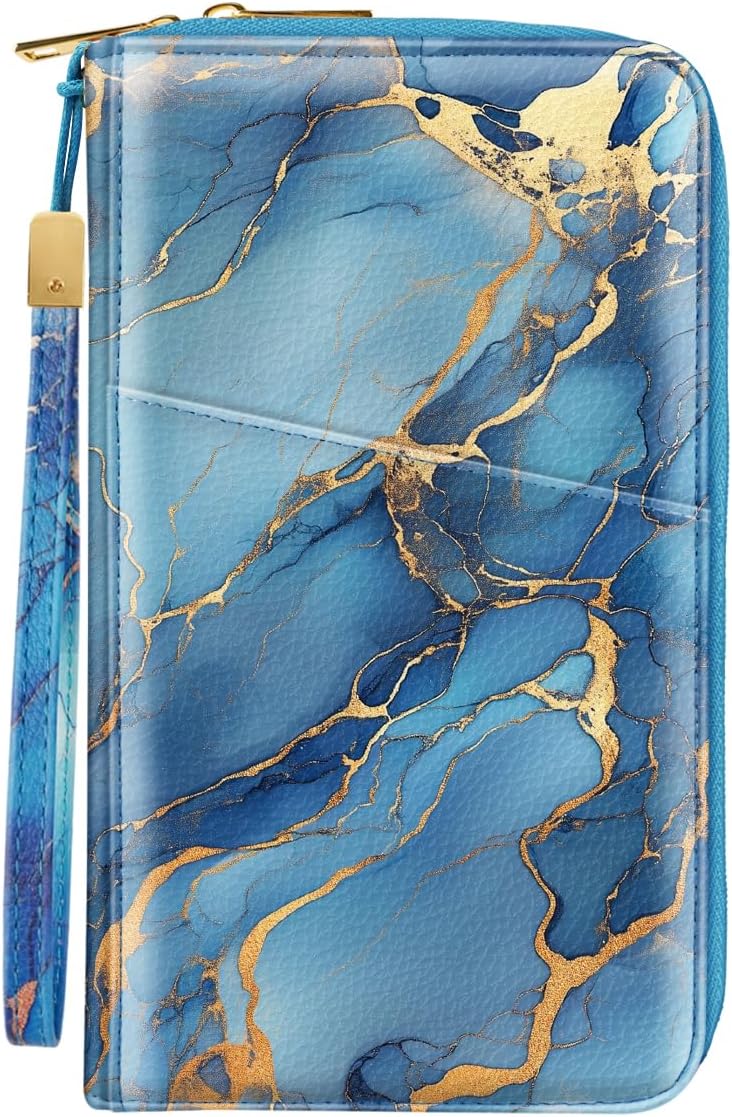 Simikol Family Passport Holder Wallet RFID Blocking Document Organizer PU Leather Mulit-purpose Travel Wallet Credit Cards Case for Women Men, Blue Marble - Image 1